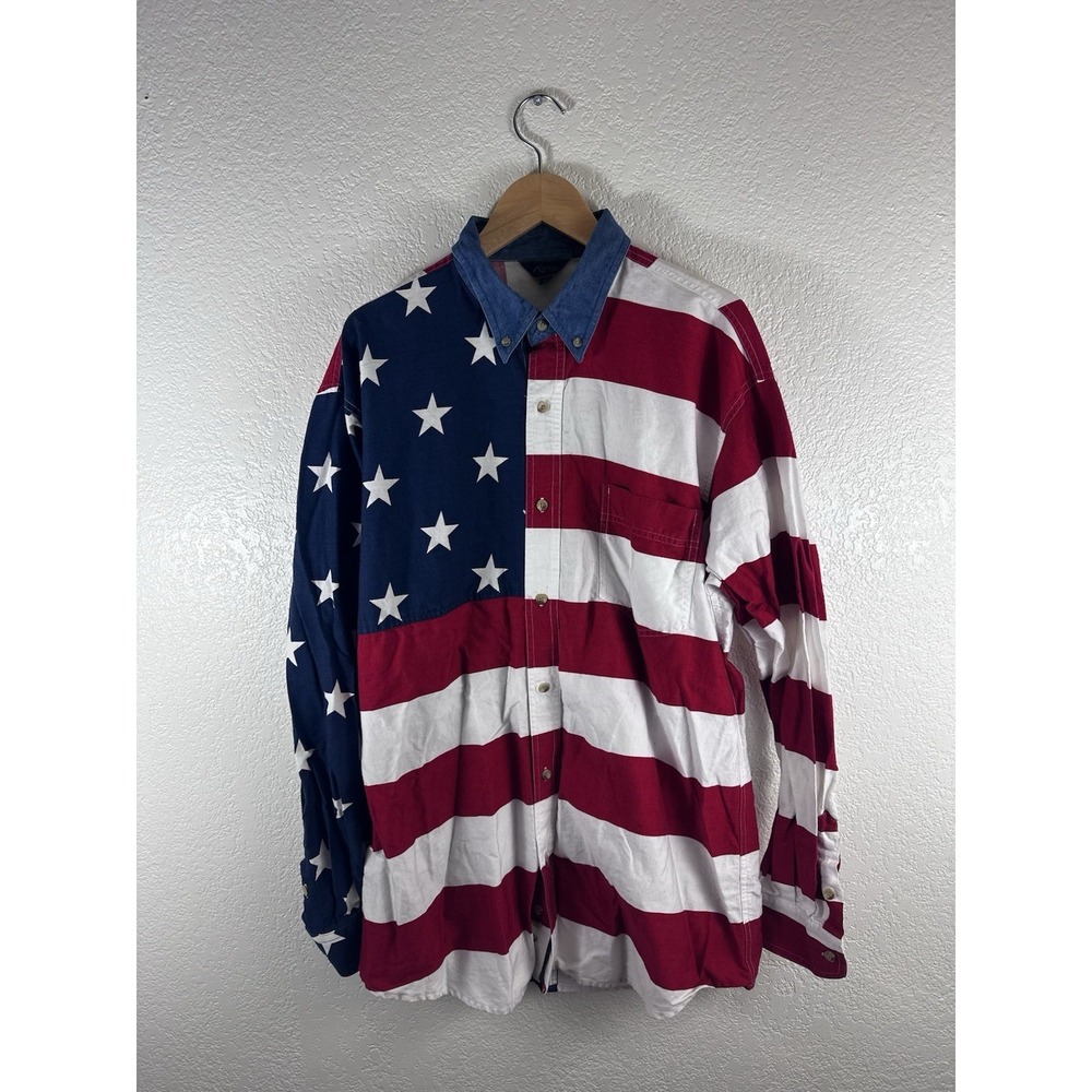 American flag button-up long sleeved shirt with denim collar by Roper-size med